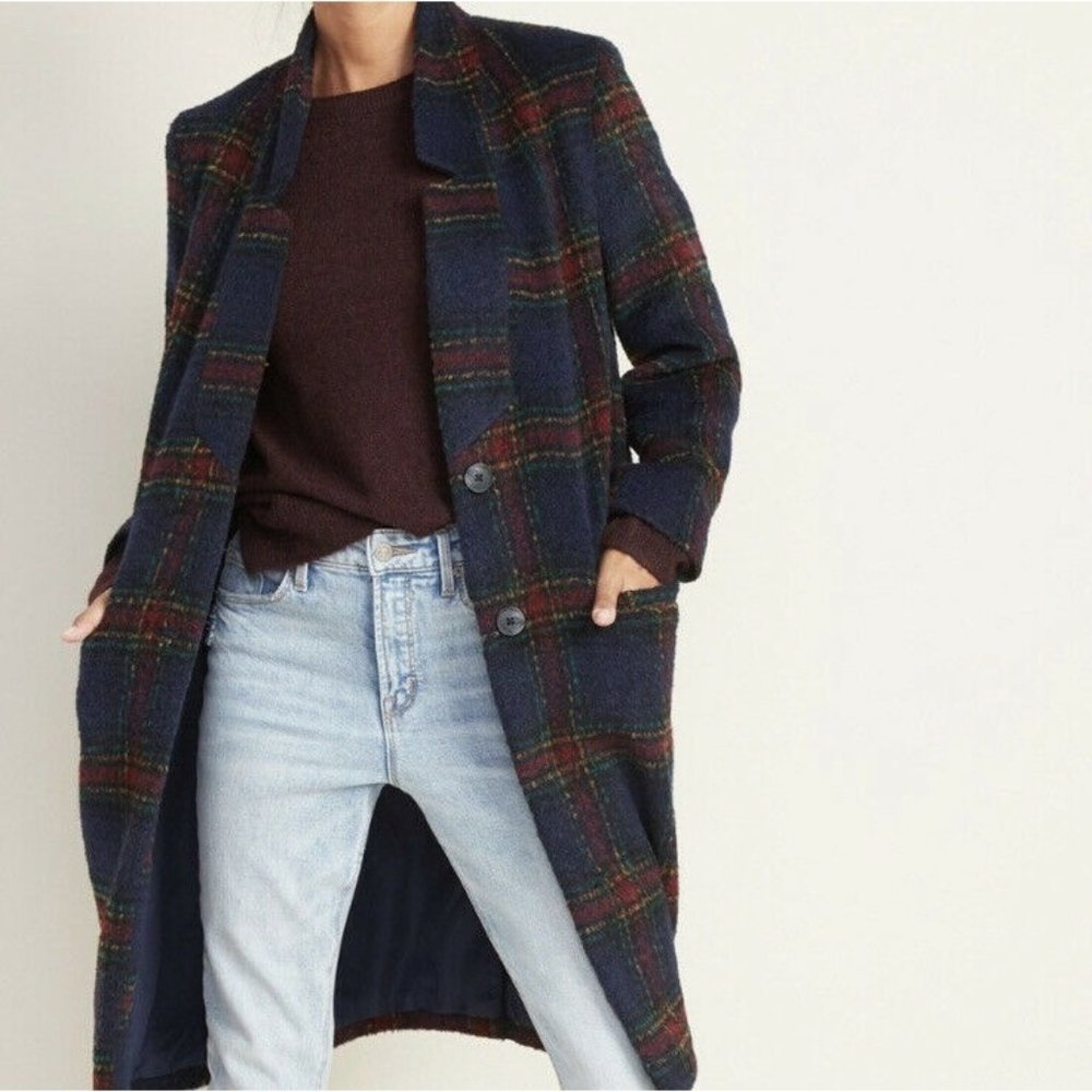 Old Navy Checkered Trench Coat - Navy and Burgundy